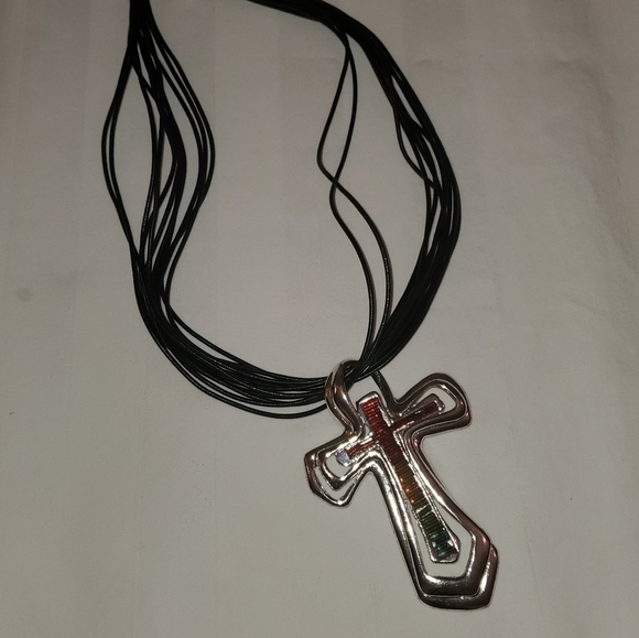 Colorful Cross Pendant Necklace on Multi-Strand Black Cord - Picture 7 of 10